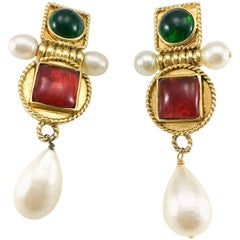 Chanel Large Faux Pearl and Red and Green Gripoix Earrings, 1970s 