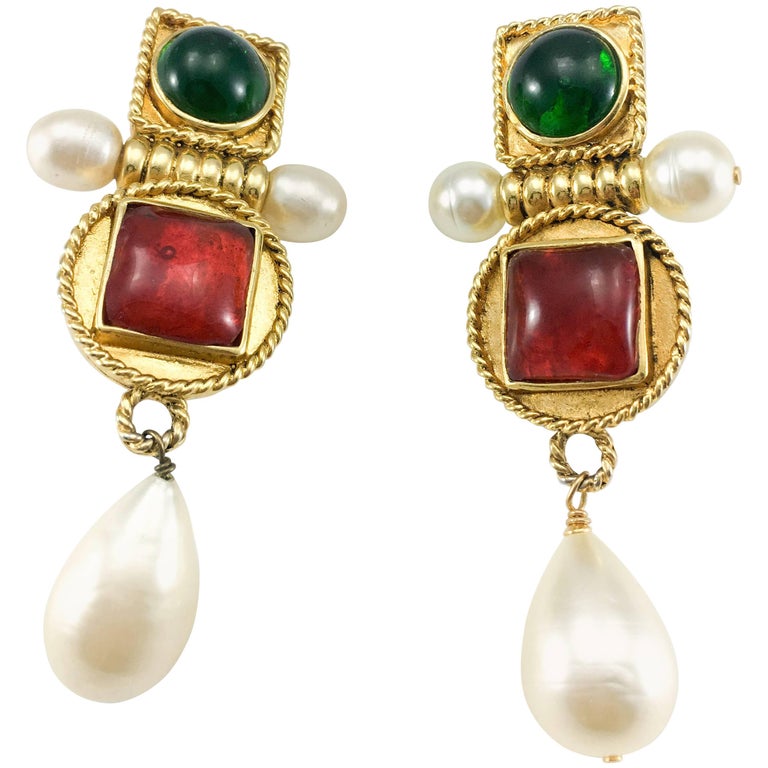 Chanel Large Faux Pearl and Red and Green Gripoix Earrings, 1970s