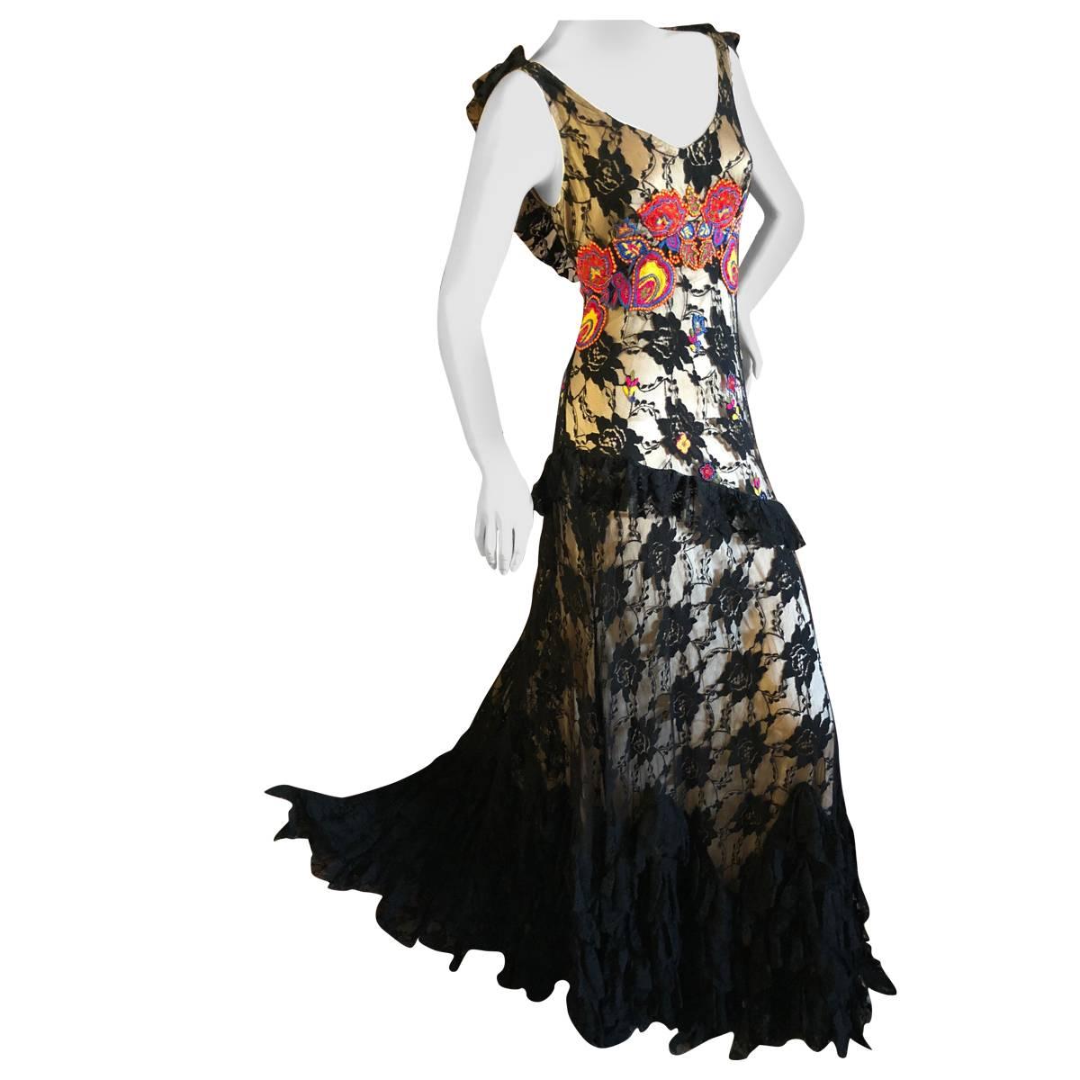 John Galliano Vintage Embroidered Ruffled Lace Flamenco Evening Dress  For Sale
