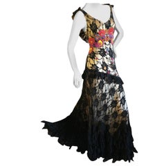 John Galliano Vintage Embroidered Ruffled Lace Flamenco Evening Dress 