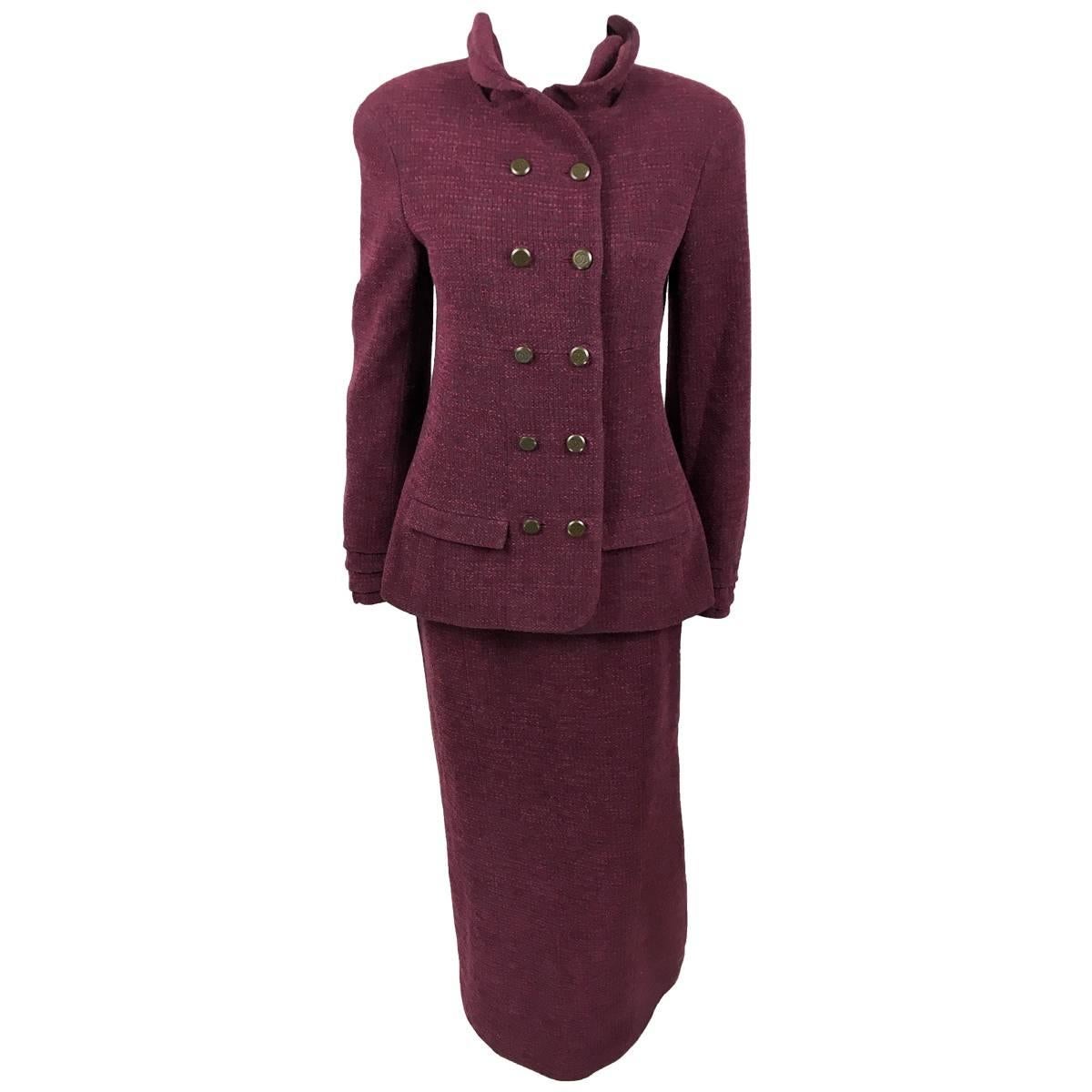 Chanel Burgundy Wool Bouclé Skirt Suit, 1998 For Sale