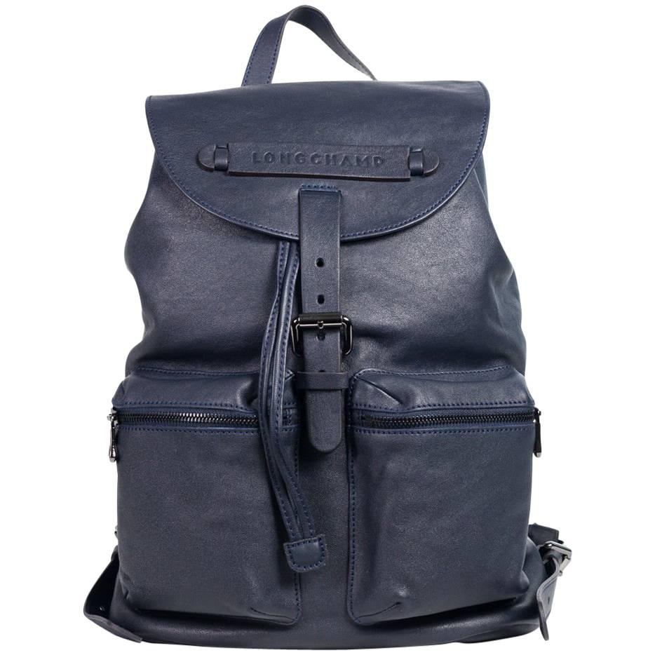 Longchamp Men's Solid Midnight Blue Leather Medium 3D Backpack For Sale