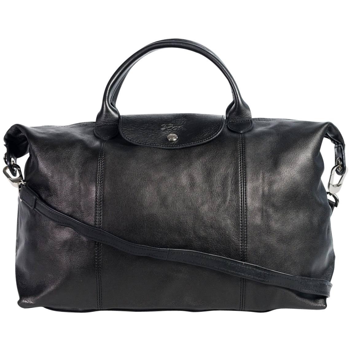 Longchamp Black Leather Le Pliage Cuir Large Top Handle Bag For Sale