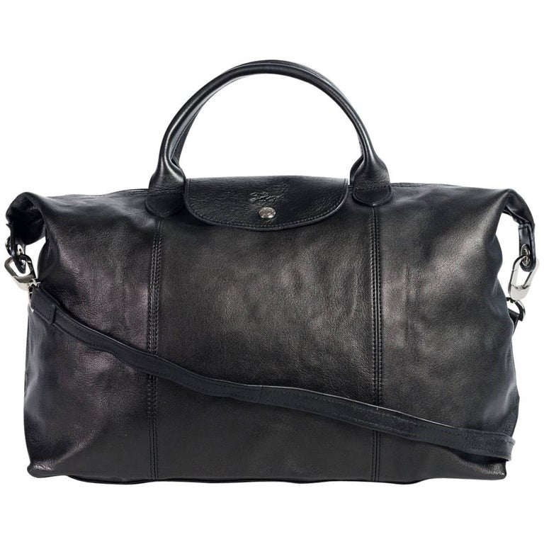 Longchamp Black Leather Le Pliage Cuir Large Top Handle Bag For Sale at