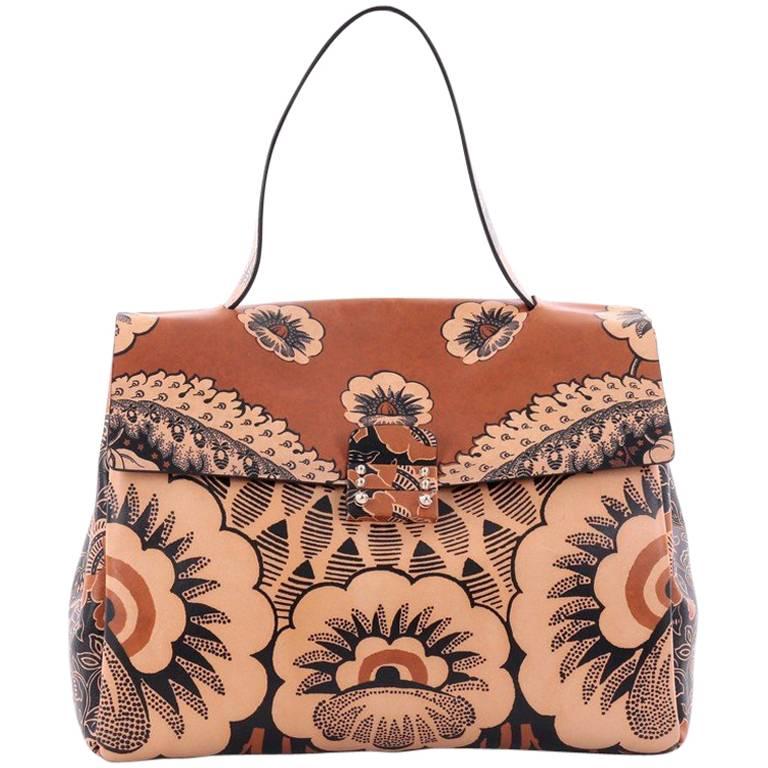 Valentino Floral Top Handle Bag Printed Leather Large