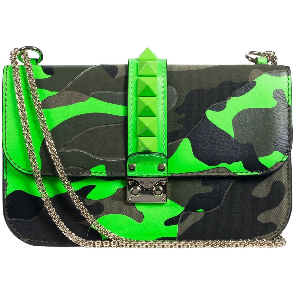 Valentino Women's Neon Green Camouflage Leather Rocklock Shoulder Bag For Sale