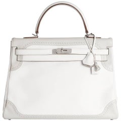 Hermes White & Gris Perle Swift Leather Ghillie Kelly 35cm Retourne