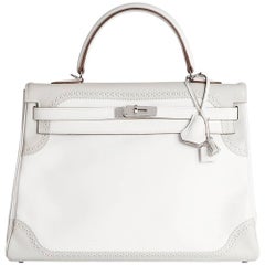 Hermes White & Gris Perle Swift Leather Ghillie Kelly 35cm Retourne 