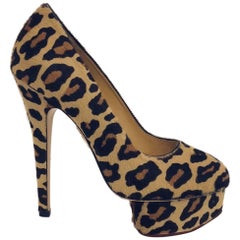 New Charlotte Olympia Leopard Calf Hair Dolly Platform Pumps 