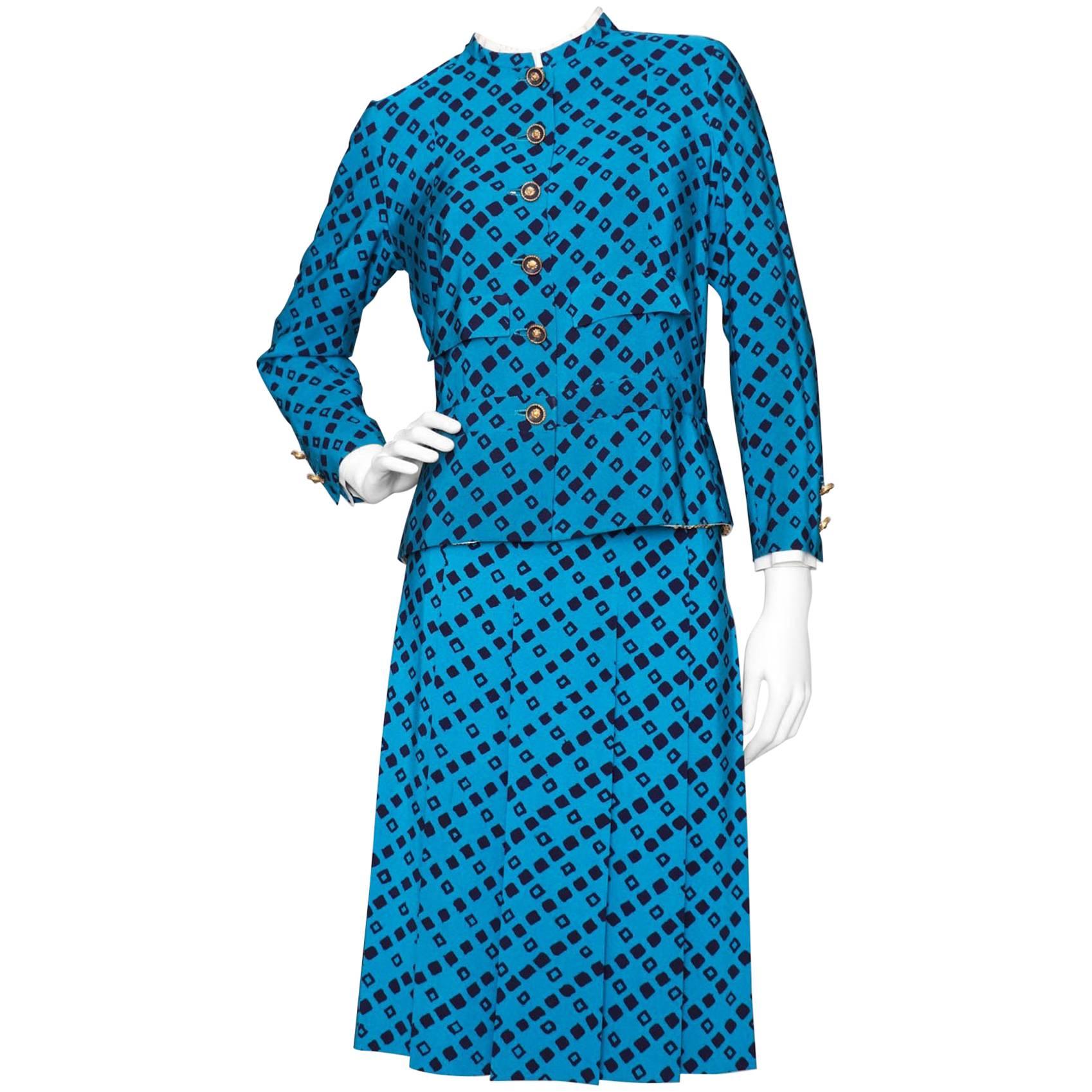 A 1960s Vintage Chanel Haute Couture Blue Silk Skirt Suit W Gold Toned Buttons  For Sale