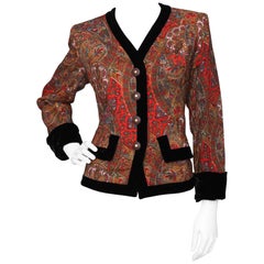 A 1980s Vintage Yves Saint Laurent Paisly Wool Blazer W. Black Velvet Trim