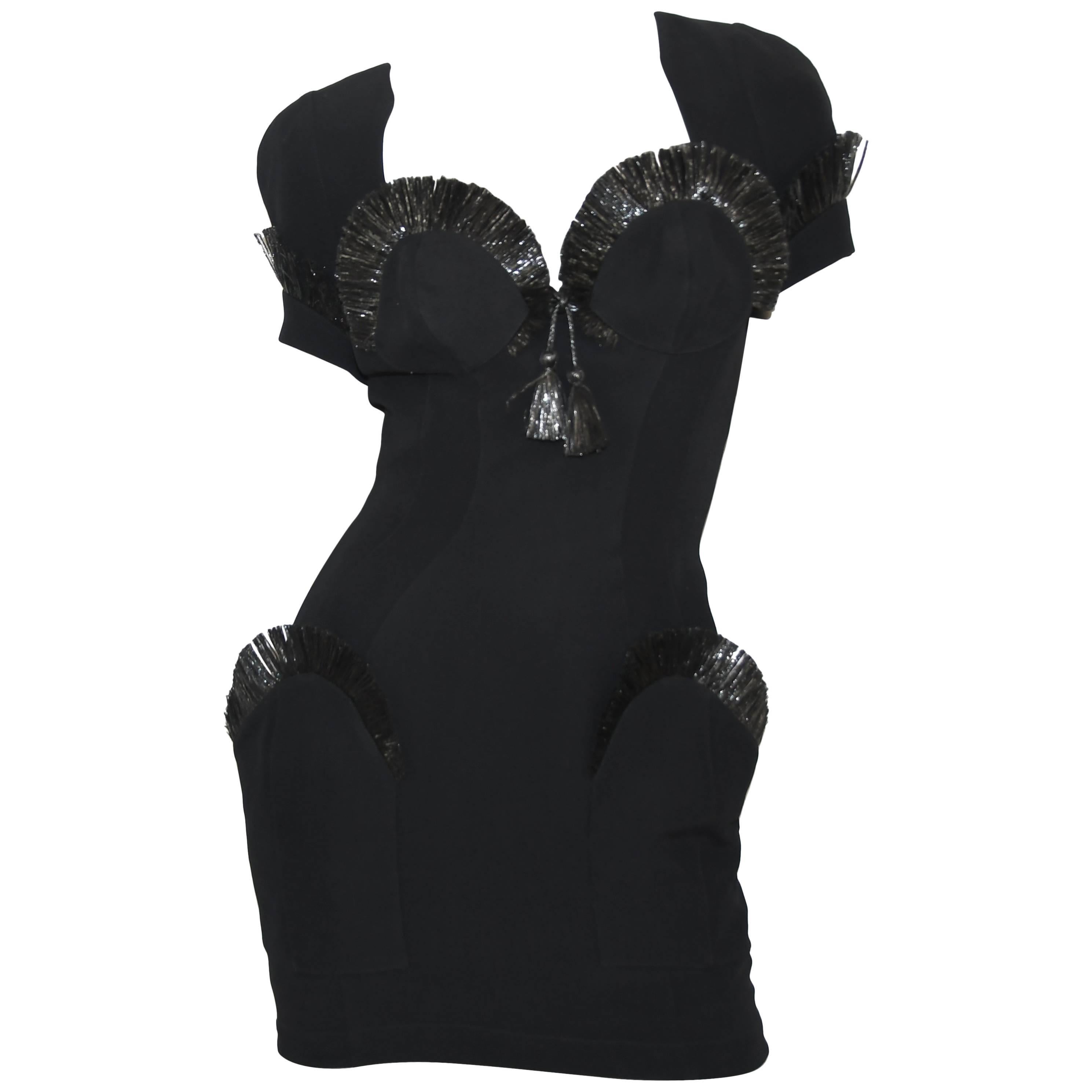 Thierry Mugler Black Sculptured Dress with Raffia Detail For Sale