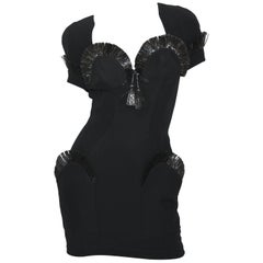 Thierry Mugler Black Sculptured Dress with Raffia Detail