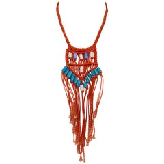  Vintage Custom Macrame Red and Blue Ceramic Beaded Necklace