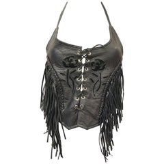  1970s Leather Lace Up Halter Top w/ Fringe and Suede Details
