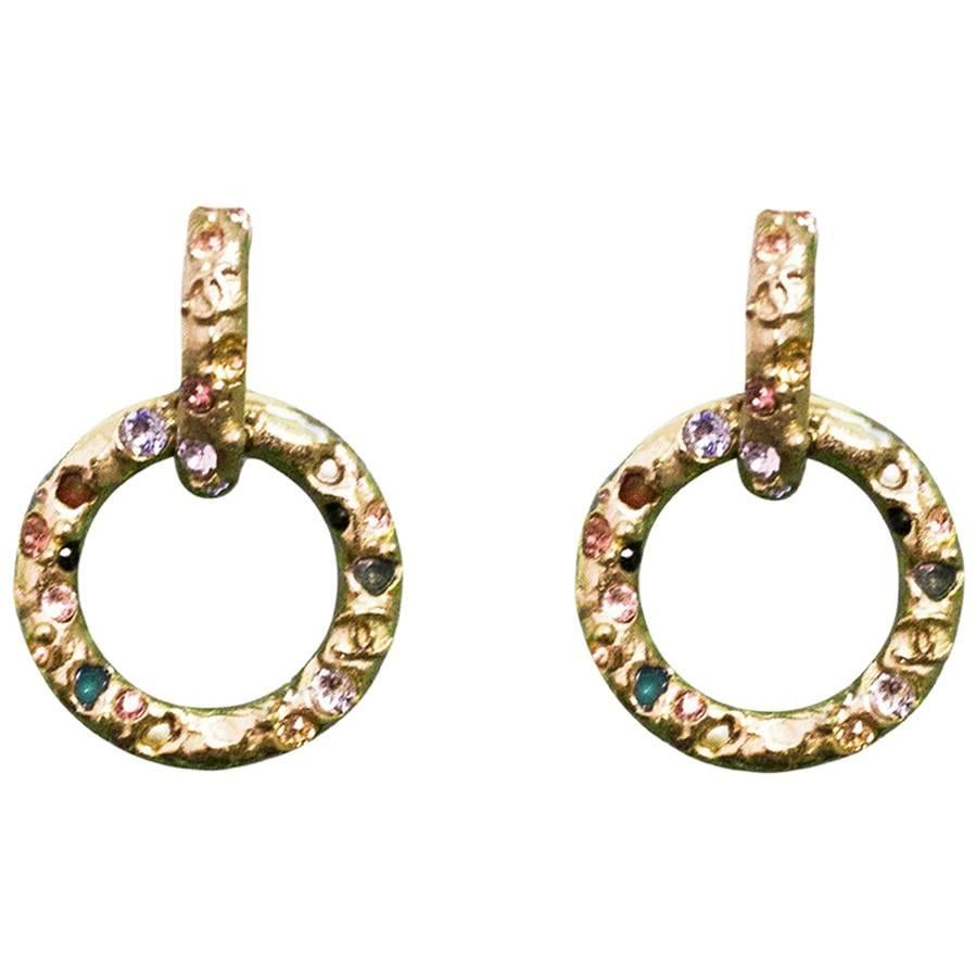 Chanel 2016 Pale Gold & Multi-Colored Crystal Hoop Pierced Earrings