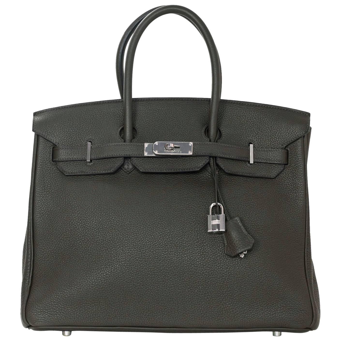 Hermes Vert Bronze Clemence Leather 35cm Birkin Bag with Box & Dust Bag