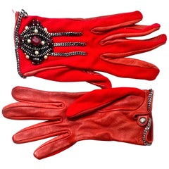 Vintage Chanel Red Leather & Jersey Embellished Gloves sz 7