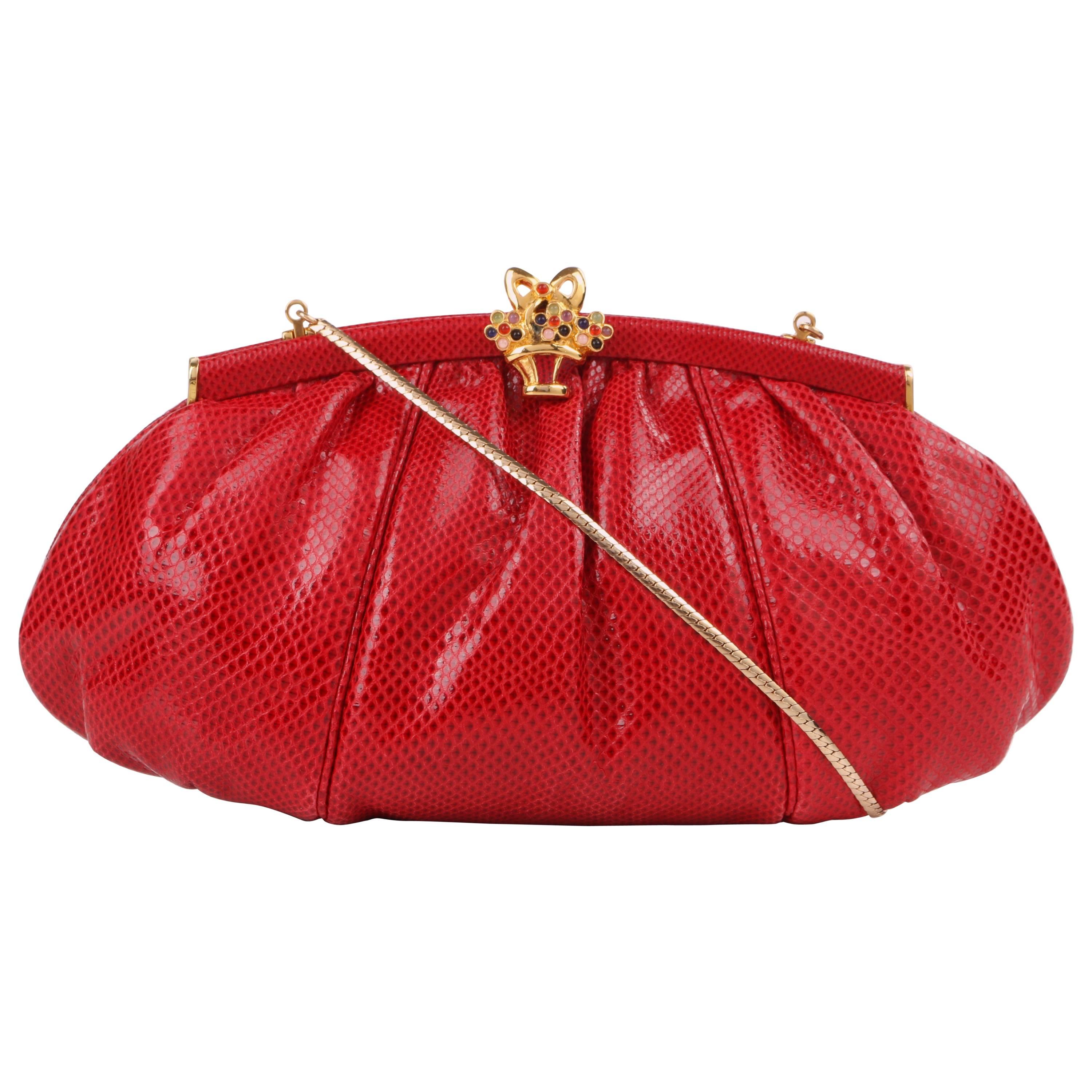 JUDITH LEIBER c.1980's Red Lizard Skin Leather Frame Top Evening Bag Purse