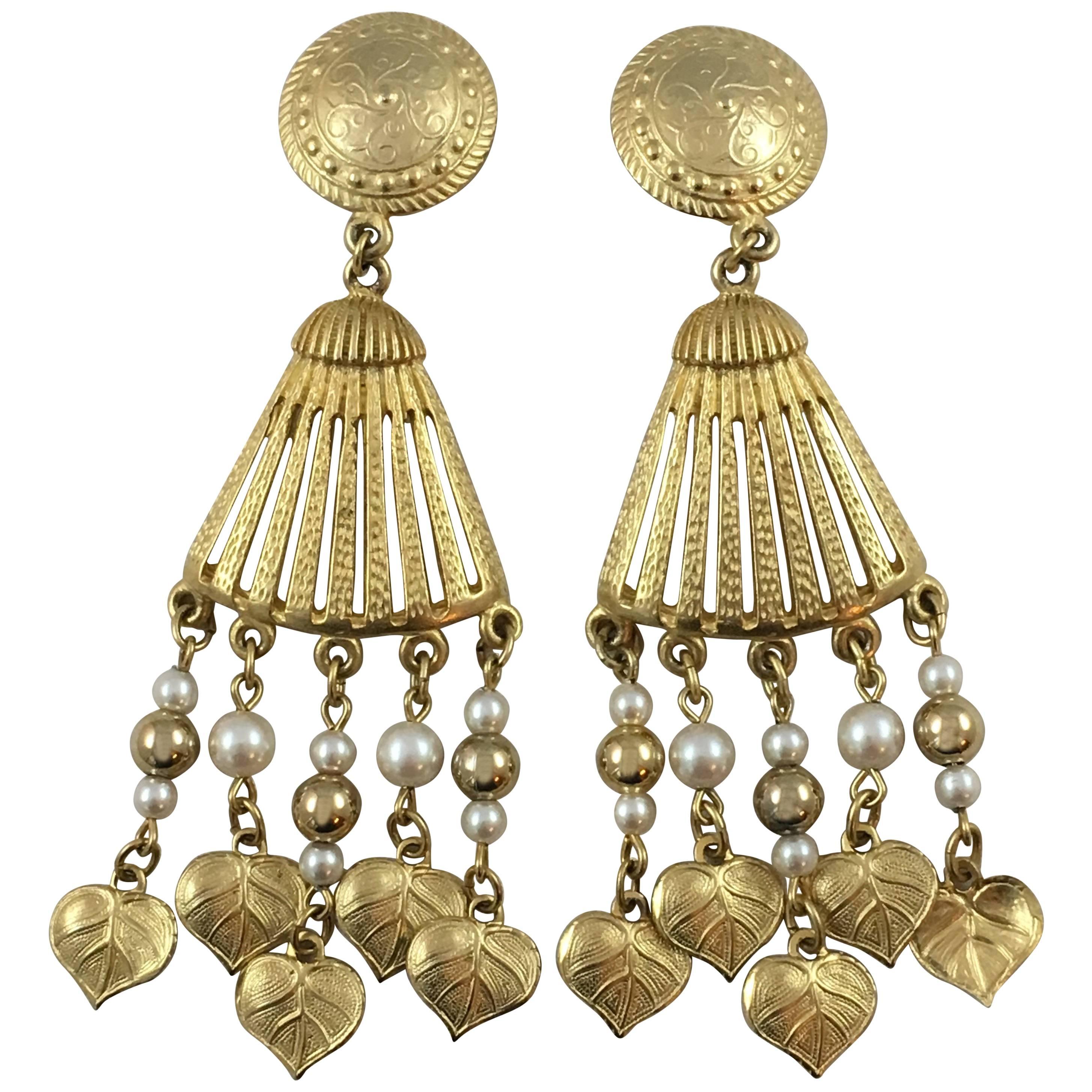 Vintage Givenchy Gold Tone and Faux Pearl Dangle Earrings 1980s For Sale