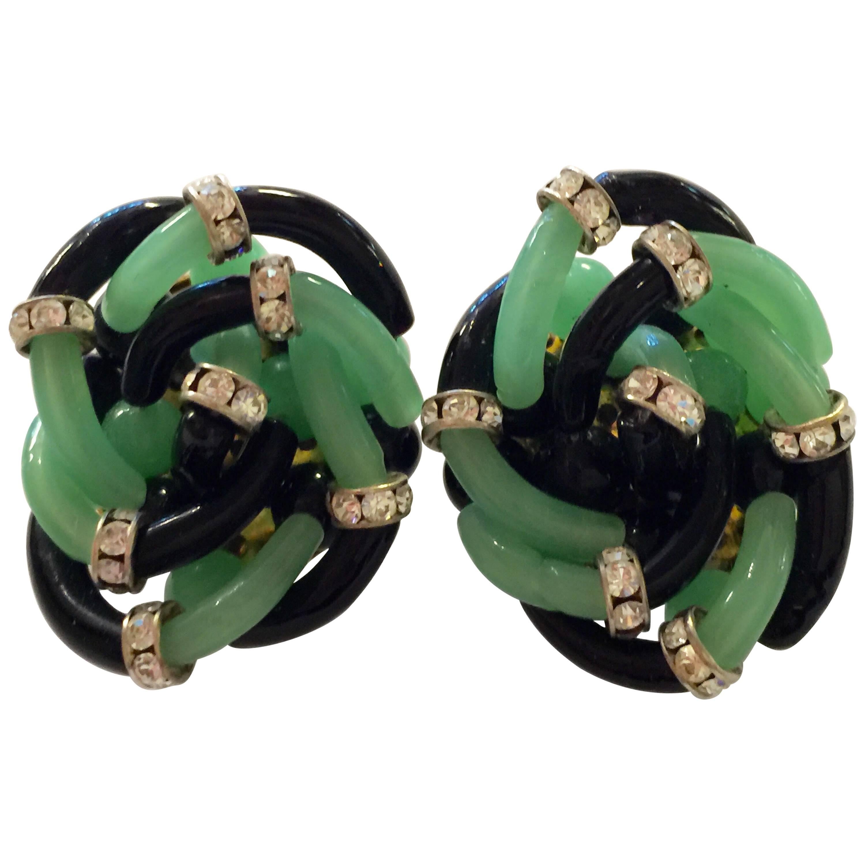 Archimede Seguso for CHANEL Celadon Green Black & Diamante Glass Clip Earrings For Sale