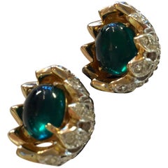 Vintage CoroCraft Goldtone Carmen Miranda Screwback Camellia Bud Green Cabochon Earrings