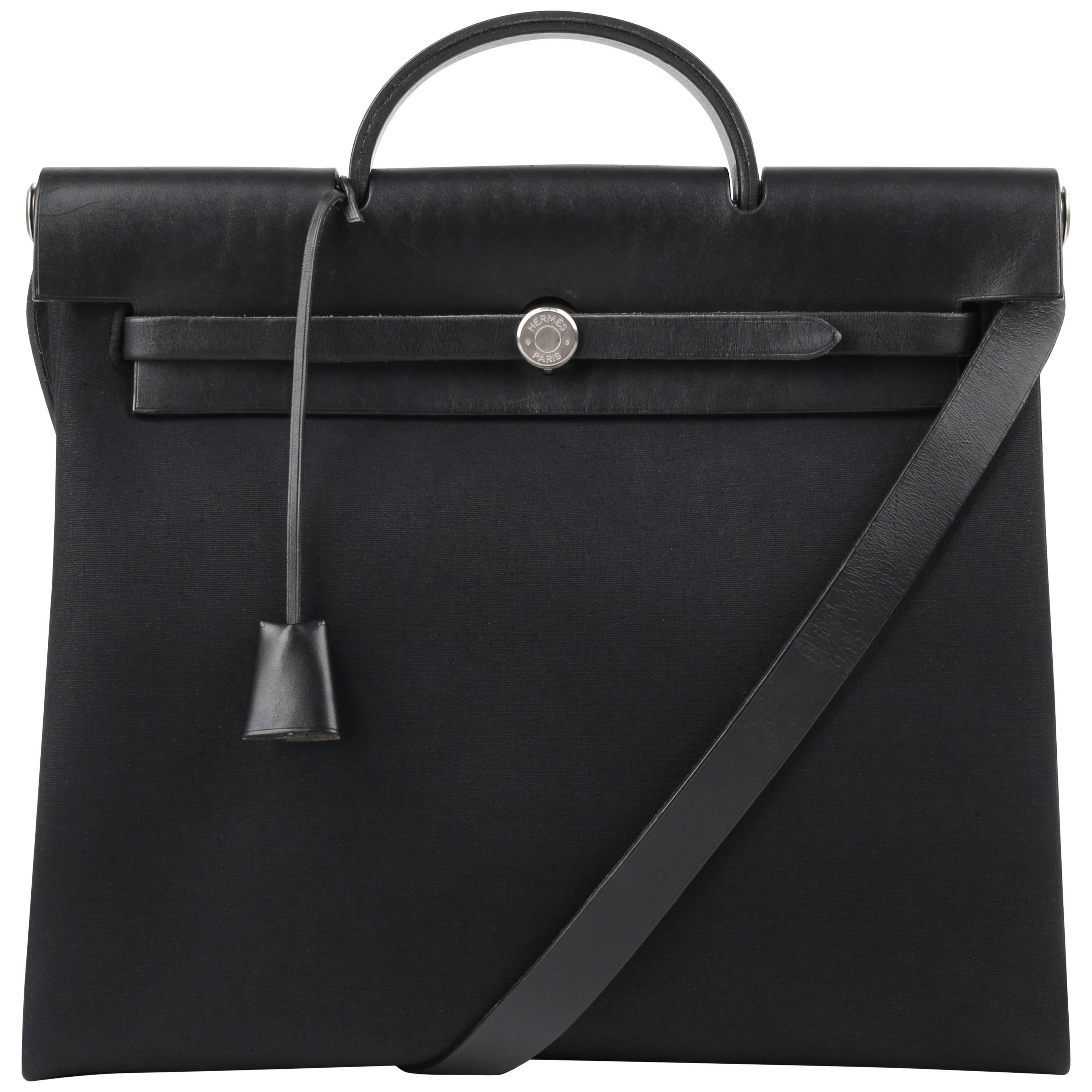HERMES c.1999 "Herbag MM" Black Leather & Canvas 2-in-1 Convertible Handbag