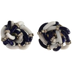 Archimede Seguso for CHANEL Navy Blue White Glass & Diamante Clip on Earrings