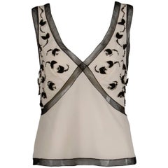 Prada Off-White Seide Schwarz Mesh, Perlen verschönert Tank Top, Shirt oder Camisole