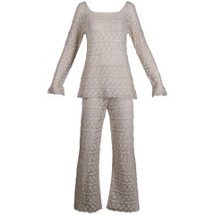 White Crochet Lace Vintage Bell Bottom Pants and Top Ensemble or Jumpsuit, 1970s