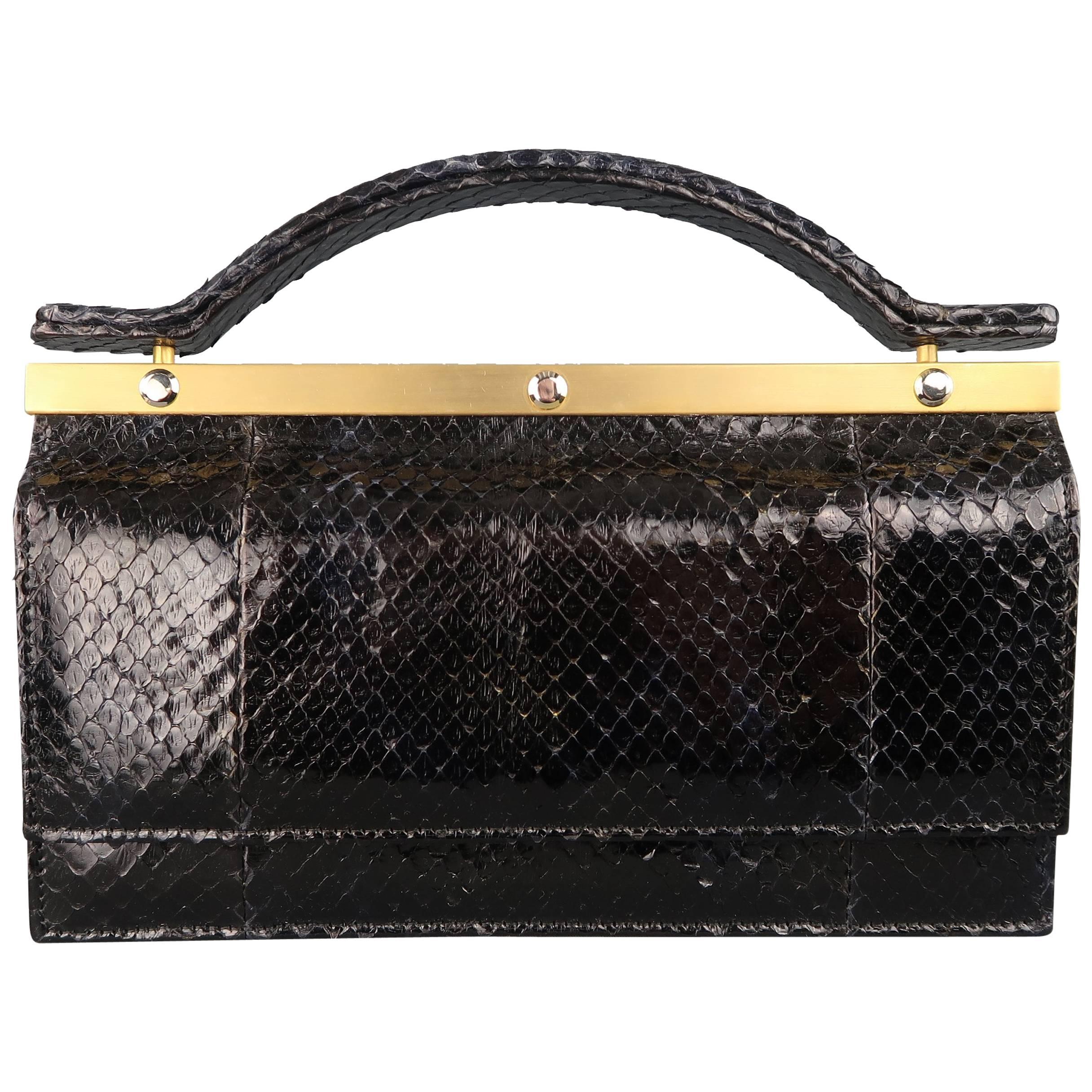 Leu Locati Vintage Black Snake Skin Leather Gold Metal Evening Handbag
