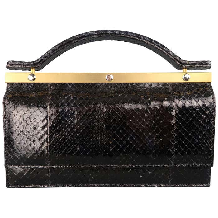Leu Locati Vintage Black Snake Skin Leather Gold Metal Evening Handbag ...