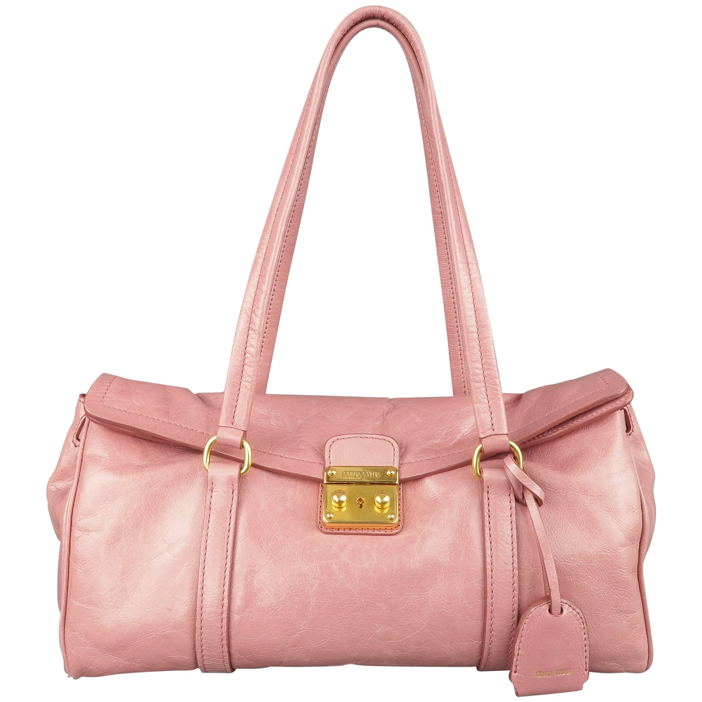 MIU MIU Pink Textured Leather Gold Lock Shoulder Handbag