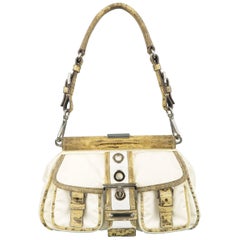 PRADA Cream Nylon & Lizard Leather Grommet Buckle Handbag