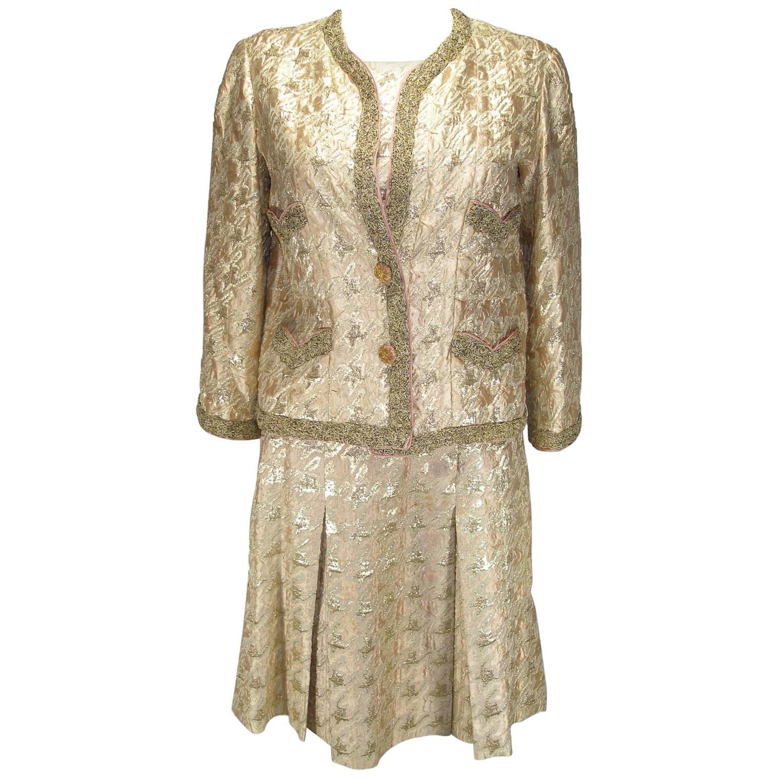 Circa 1960/170's Chanel Dress Suit Haute Couture Silk damask Size FR38 / US8
