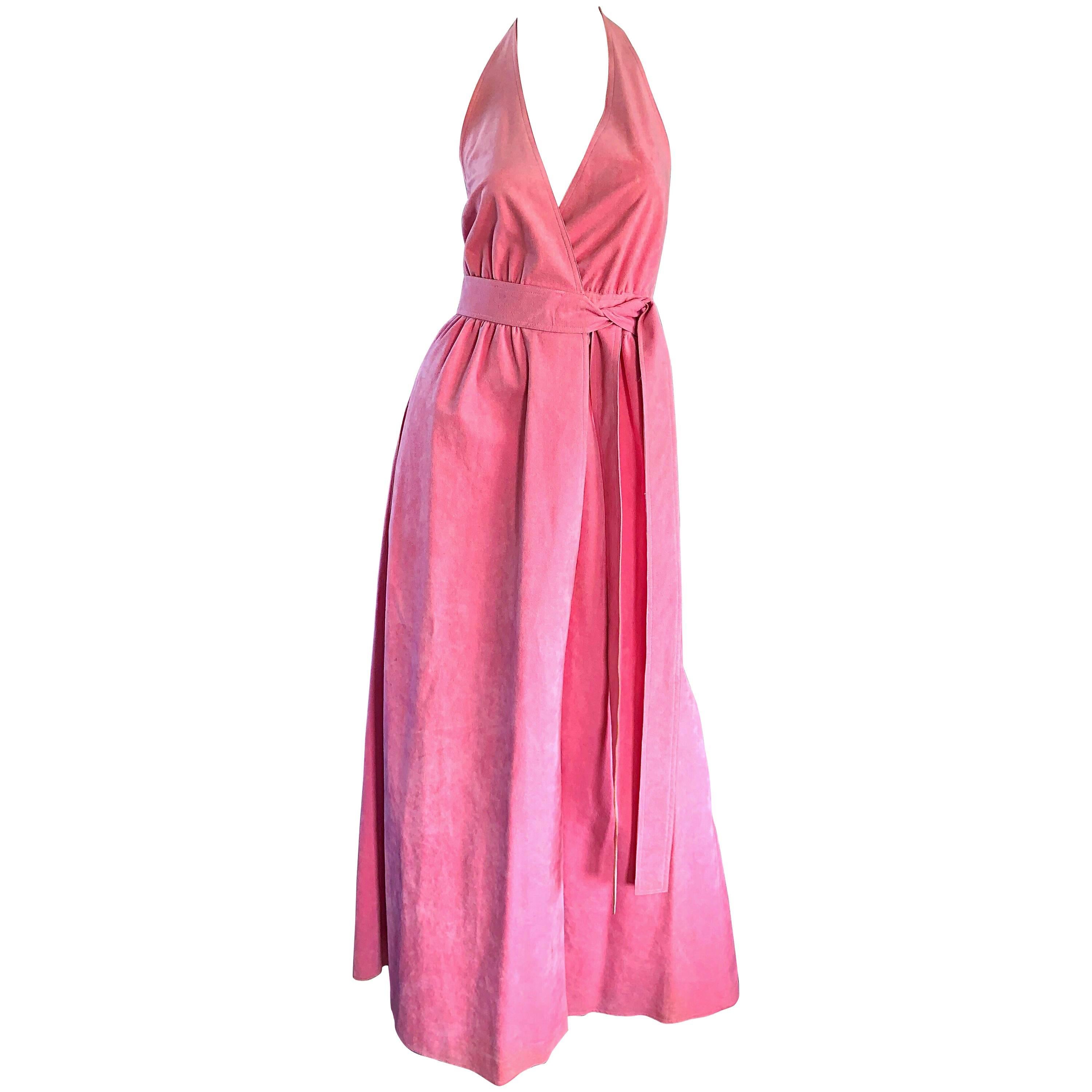 1970s Halston Bubblegum Pink Ultrasuede Vintage 70s Halter Wrap Maxi Dress 