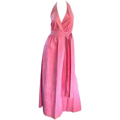 1970s Halston Bubblegum Pink Ultrasuede Retro 70s Halter Wrap Maxi Dress 