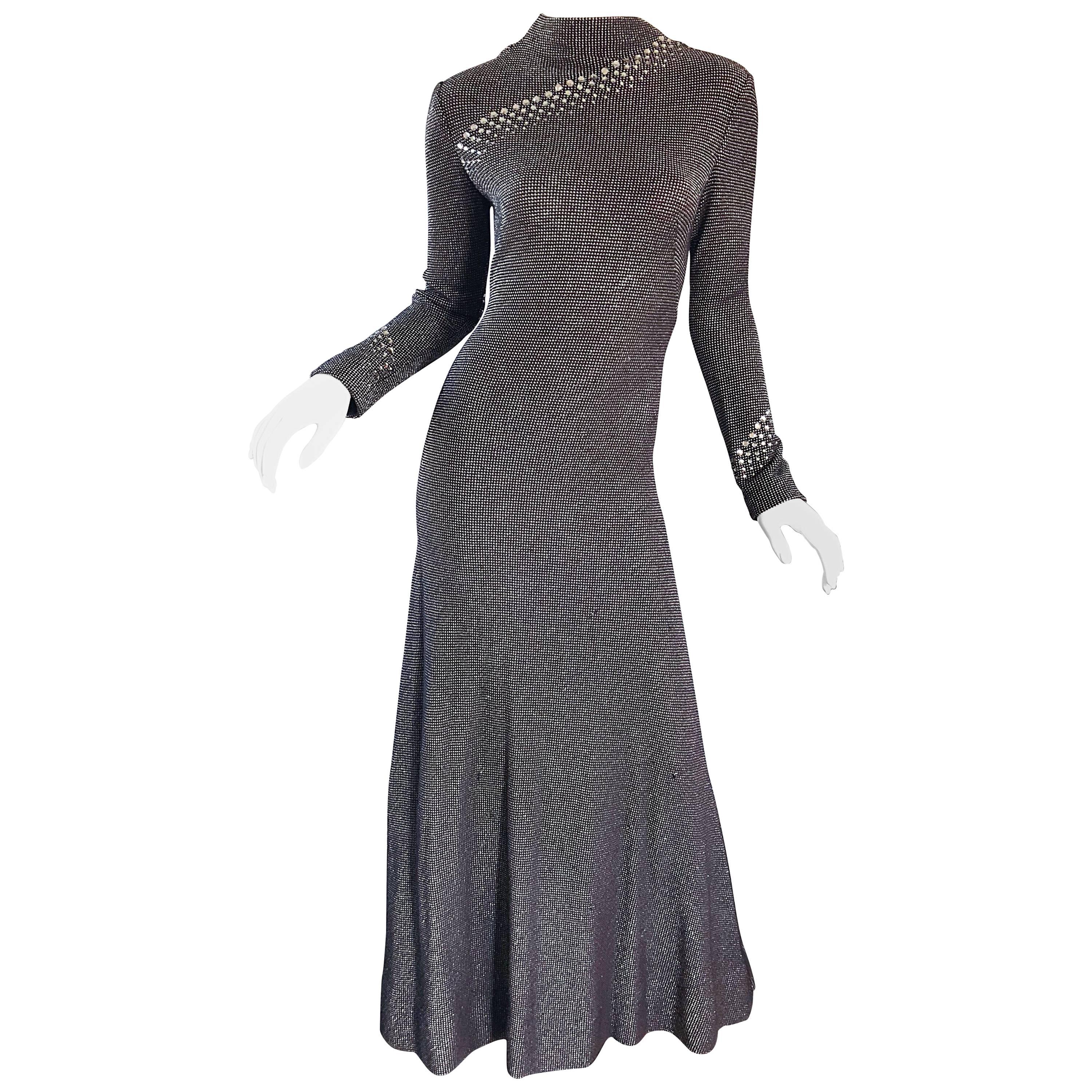 Pauline Trigere 1970s Black, White, Brown Rhinestone Encrusted Vintage 70s Gown