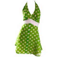 Mini abito vintage in cotone Voile anni '90, verde lime e bianco, a pois.