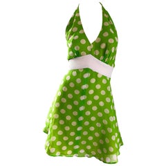 Retro Lime Green + White Polka Dot 1990s Cotton Voile 90s Halter Mini Dress