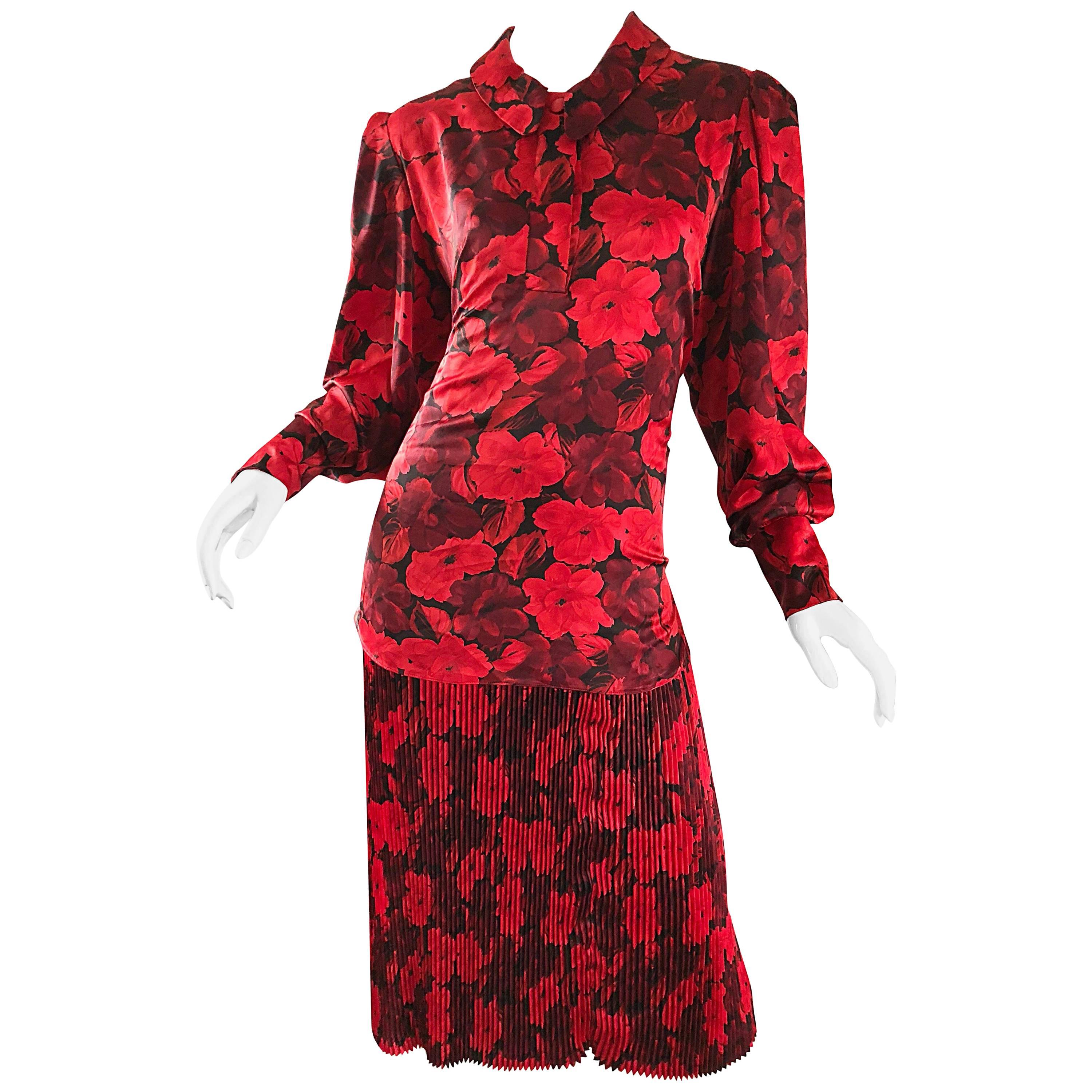 Vintage NIna Ricci Size 14 / 16 Red Black Flapper Style Flower Drop Waist Dress For Sale
