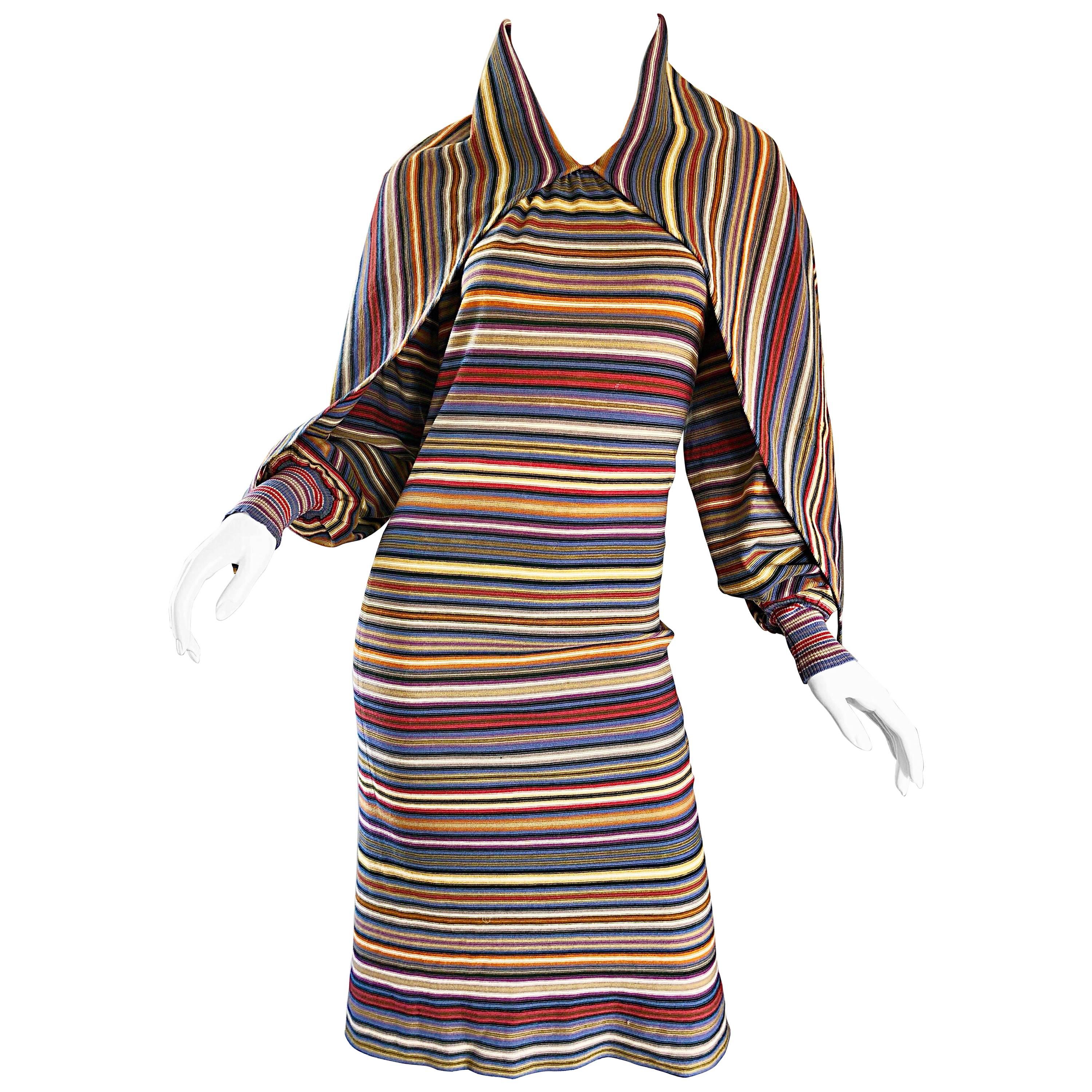 Missoni Vintage 1970s Rare Striped Wool Long Sleeve 70s Cape Dress Bonwit Teller