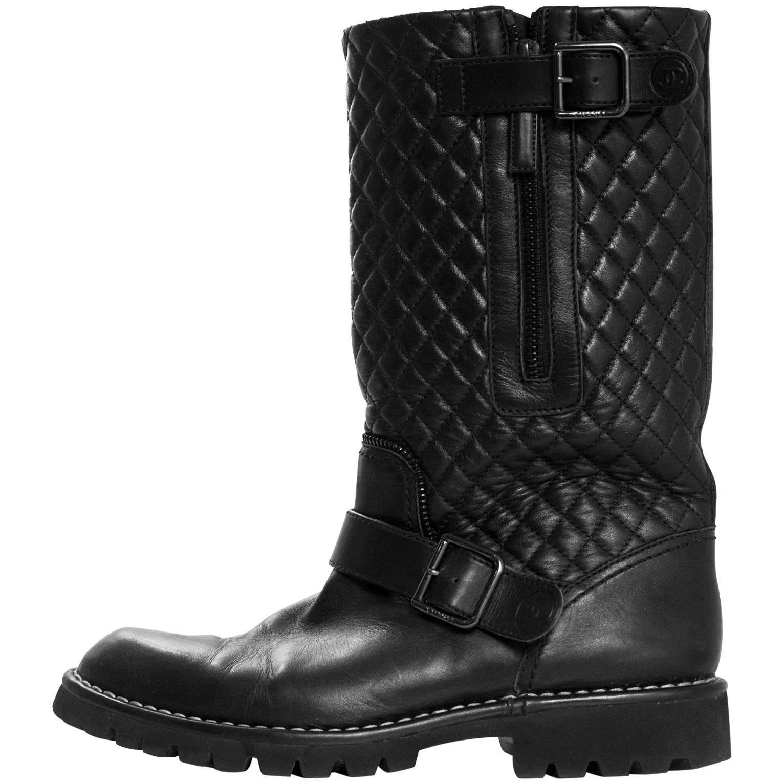 Chanel Black Quilted Leather Biker Boots Sz 38.5