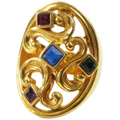 Yves Saint Laurent YSL Gold Plated Cocktail Ring Multicolor Rhinestones sz 6.50