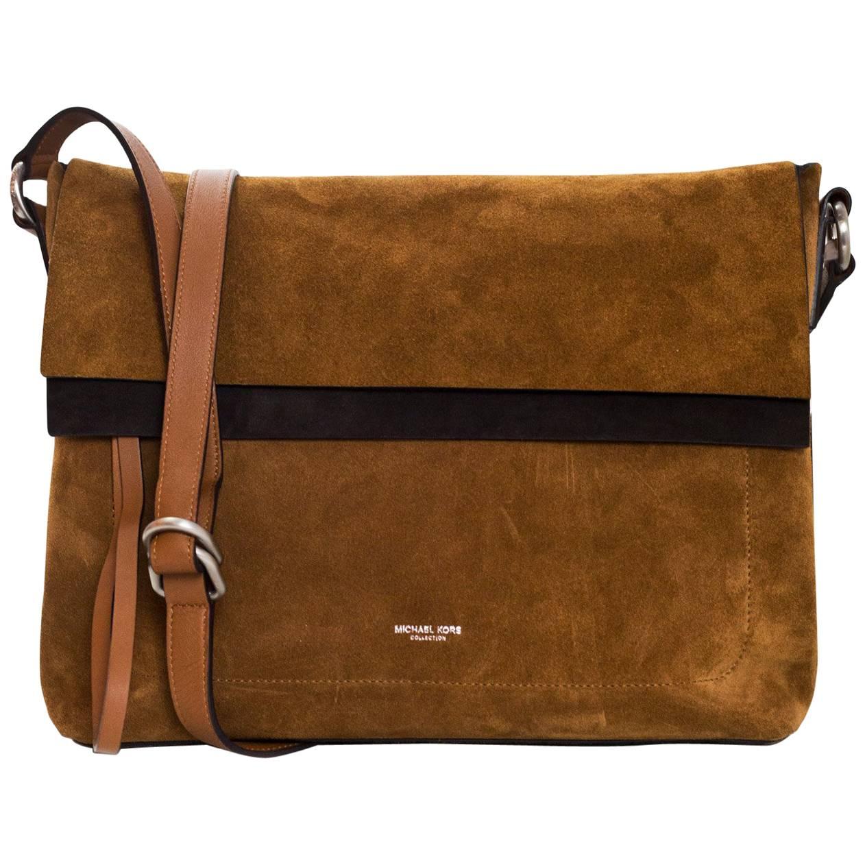 Michael Kors Collection Brown Suede Sedona Messenger Bag For Sale at
