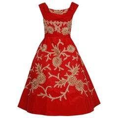 Retro 1950's Ruby Red Beaded Metallic Applique Taffeta Shelf-Bust Full Party Dress