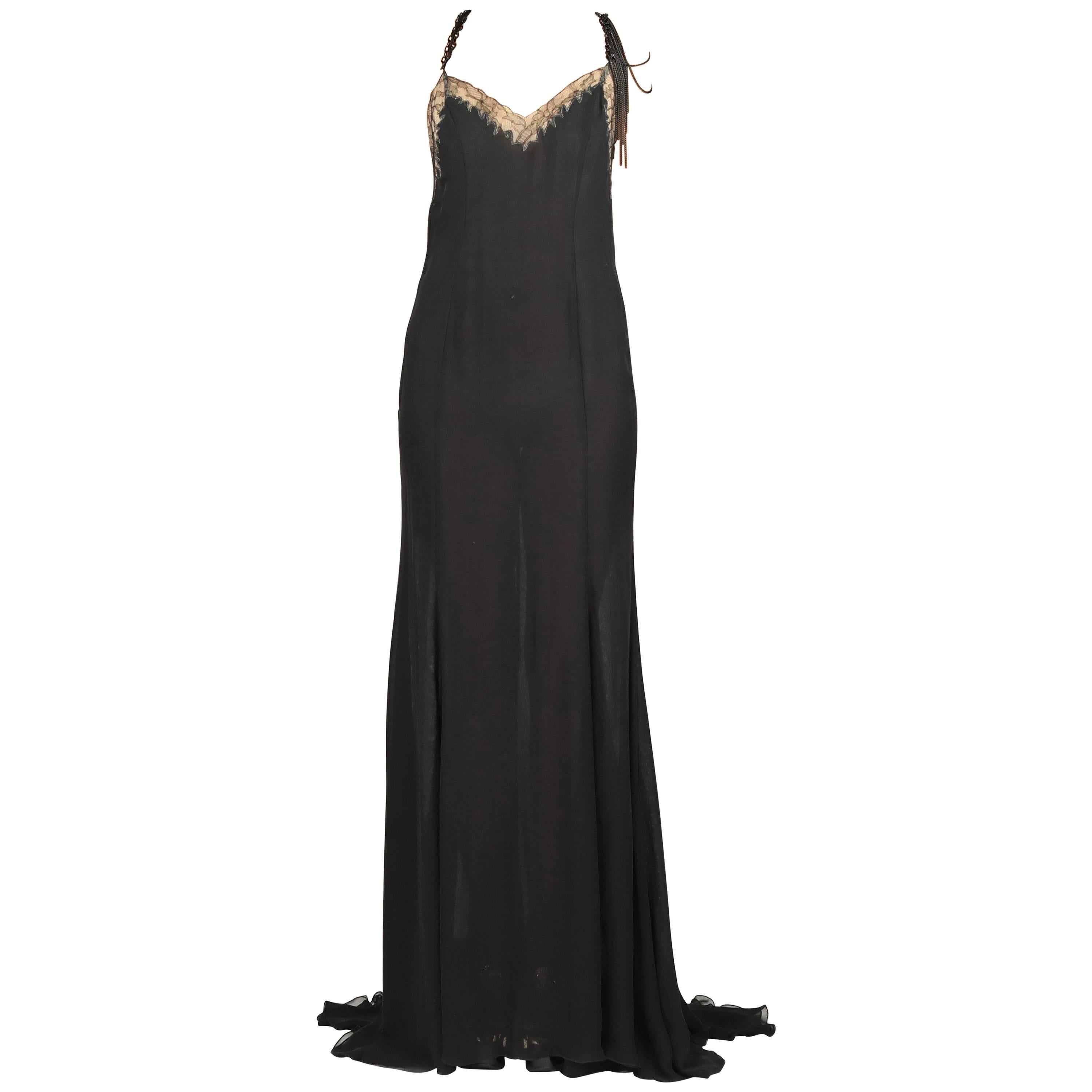 New VERSACE BLACK CHIFFON SILK DRESS GOWN with LACE and CHAINS 