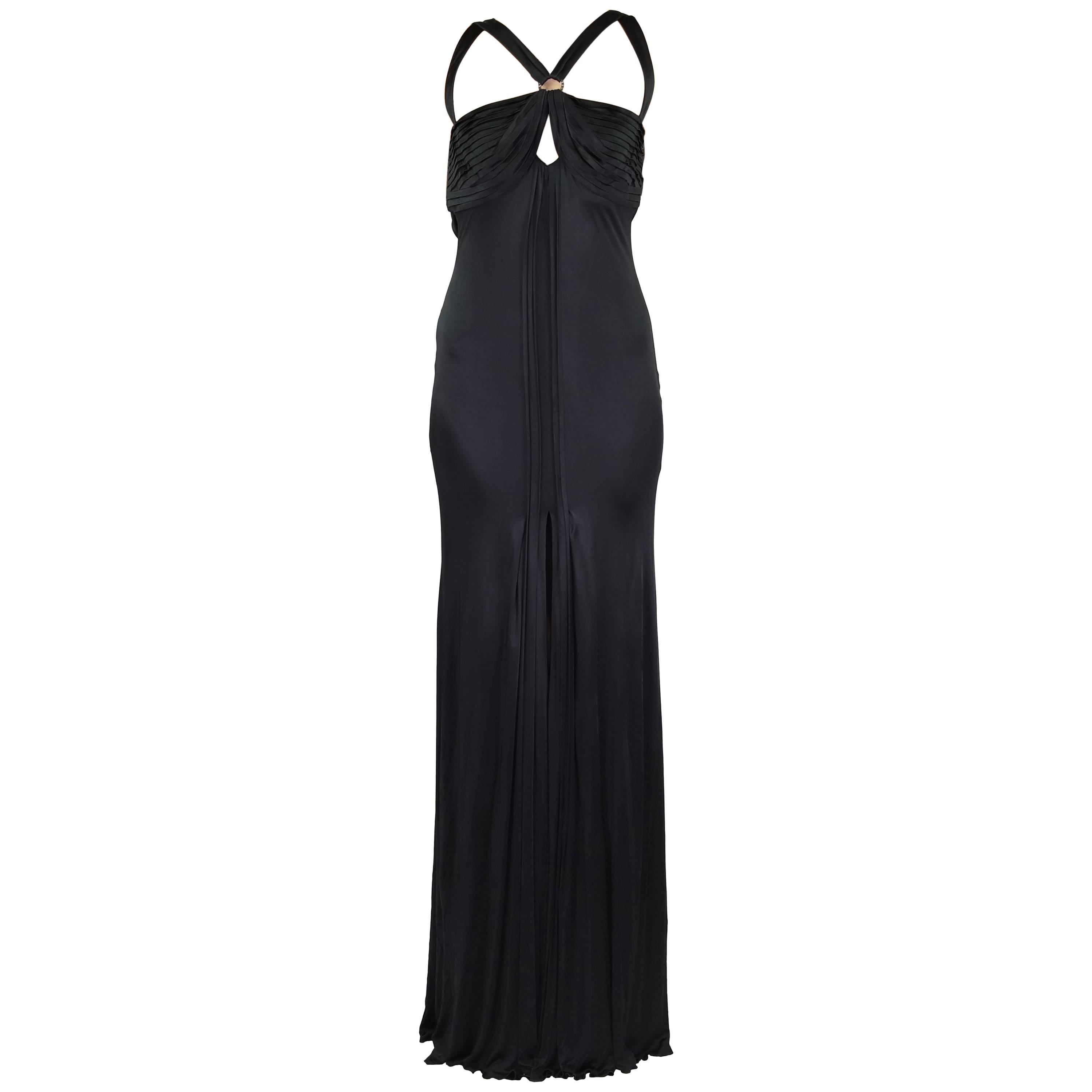 New VERSACE BLACK STRETCH-JERSEY OPEN BACK GOWN Size 44  For Sale