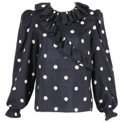 Vintage Valentino 2100% Silk Polka Dot Print Blouse w/Ruffle Design & Trim