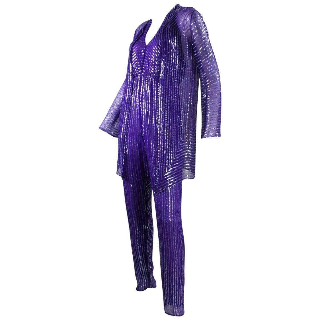 1970's Halston Sequined Purple Silk Chiffon Jumpsuit & Jacket For Sale